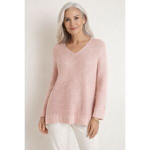 Chicos 2 V Neck Open Knit Sweater Wool Mohair Fuzzy Chunky Blush Pink Large 12